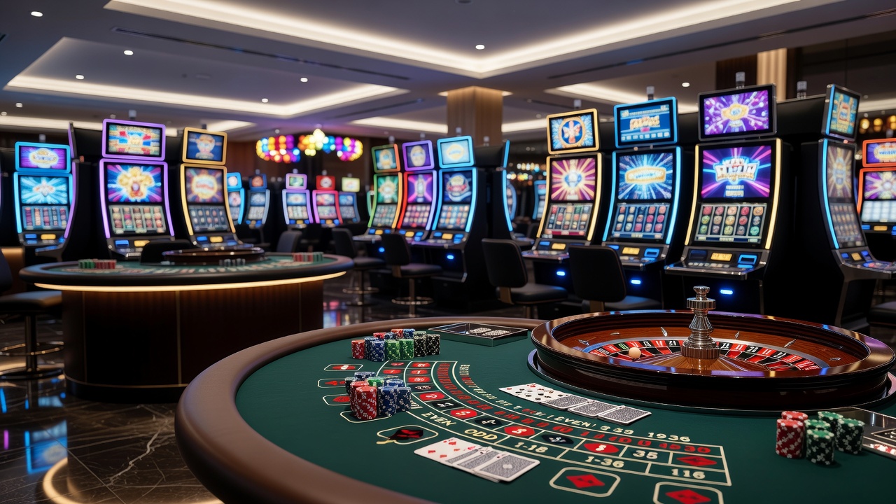 Close-up view of slot machines and electronic gaming terminals in a casino setting